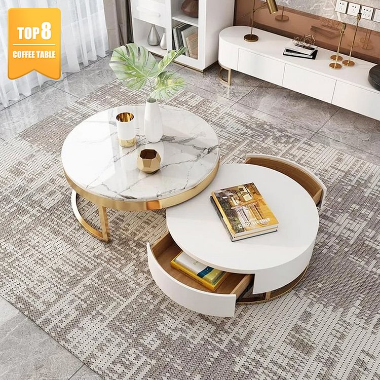 Homemys 32"  Round Modern Swivel Coffee Table with Storage of 2 Drawers, Marble Top, Metal Legs, White