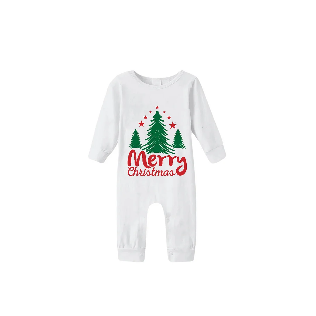 Merry Christmas Letter & Tree Printed Pattern White Long Sleeve Top with Red & Green Plaid Pants Family Matching Pajamas