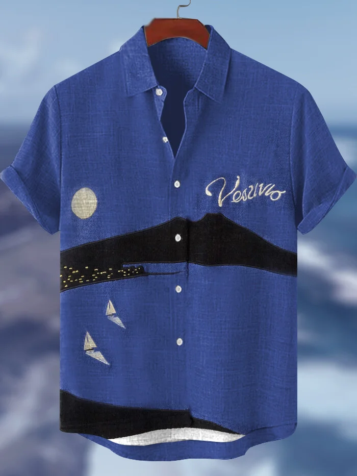 Men's Natural Landscape At Night Print Short Sleeve Shirt