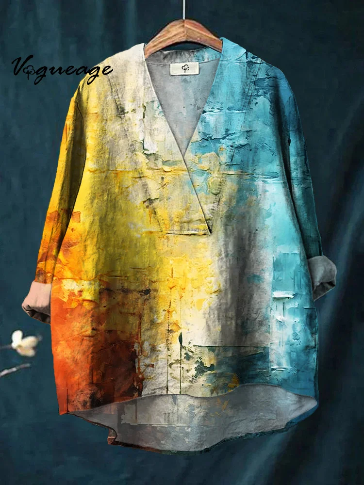 Bright And Intellectual Contrast Color Stitching Printed Cotton And Linen Shirt