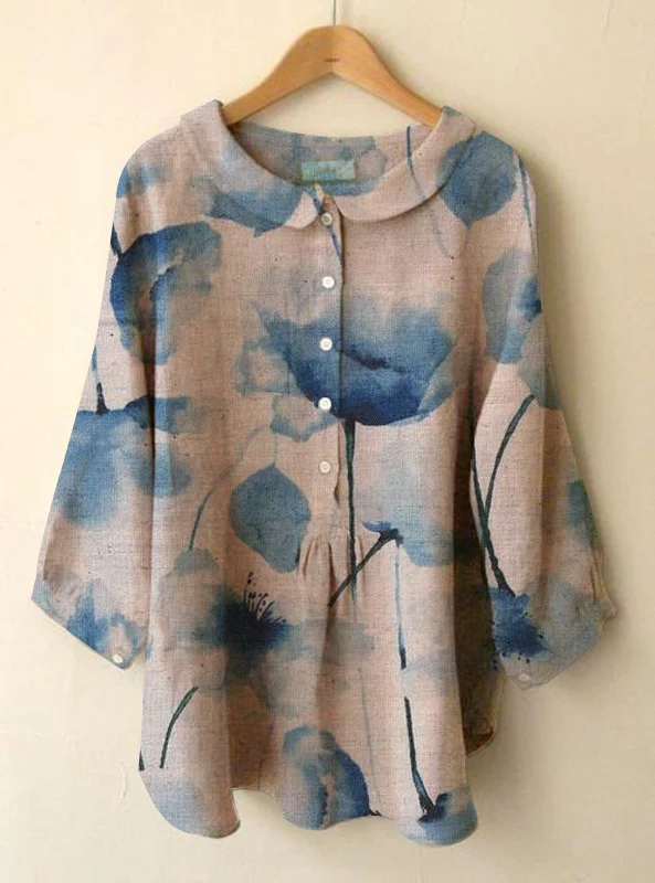 Retro Floral Round Neck Loose Causal Blouse