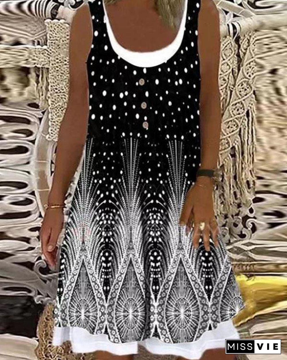 Vintage Feather Print Patchwork Tie Dye Midi Dress