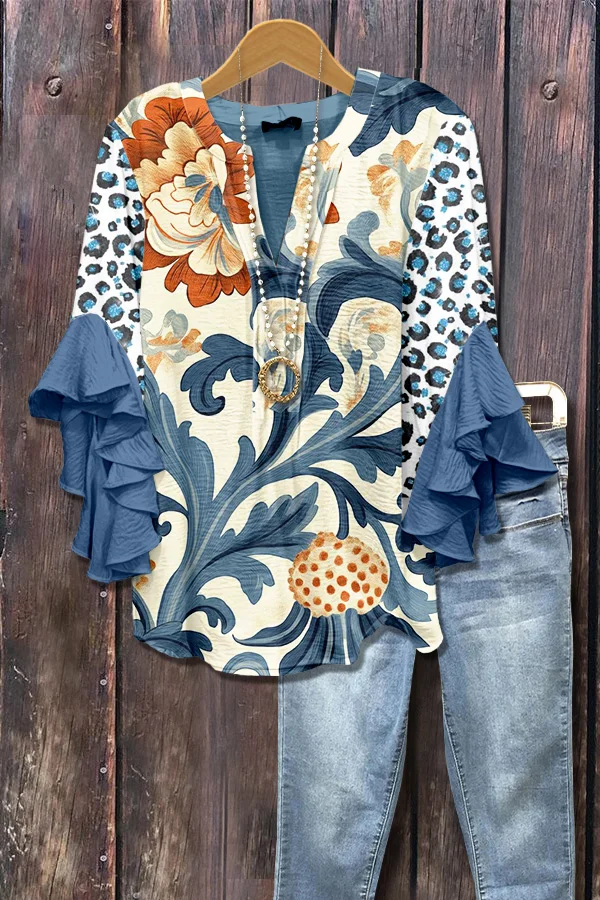 Retro Floral Print Ruffle Sleeve Top