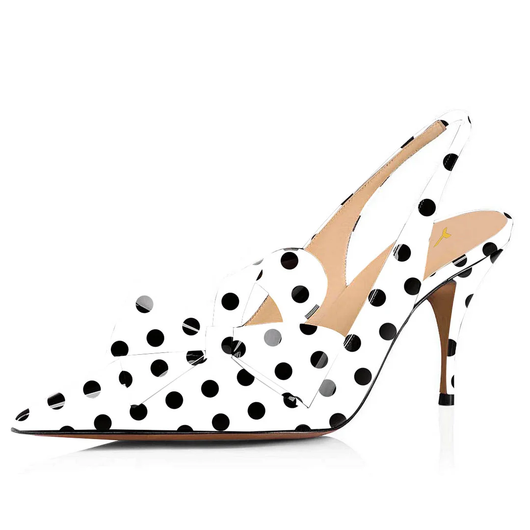 White Patent Leather Pointed Toe Polka Dot Slingback Bow Heels