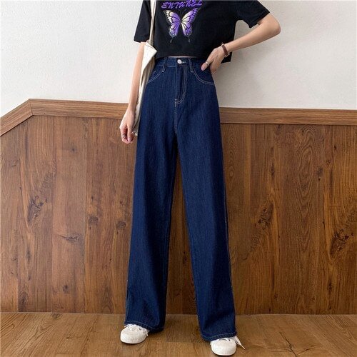 Jeans Women Loose Side-slit Hip Hop BF Blue Streetwear Chic Retro Fashionable Simple Full Length Wide Leg Trousers for Womens