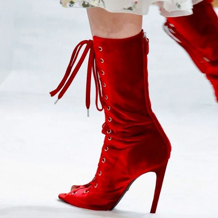 Red Lace Up Velvet Shoes Elegant Peep Toe Stiletto Heel Mid-Calf Boots |FSJ Shoes