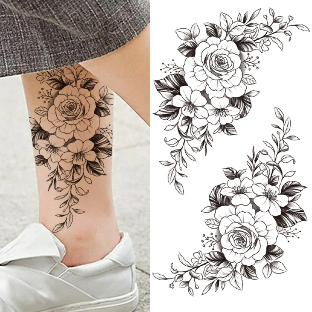 Geometry Rose Flower Temporary Tattoos For Women Girls Black Butterfly Bird Tattoo Sticker Fake Peony Geometric Body Art Tattos