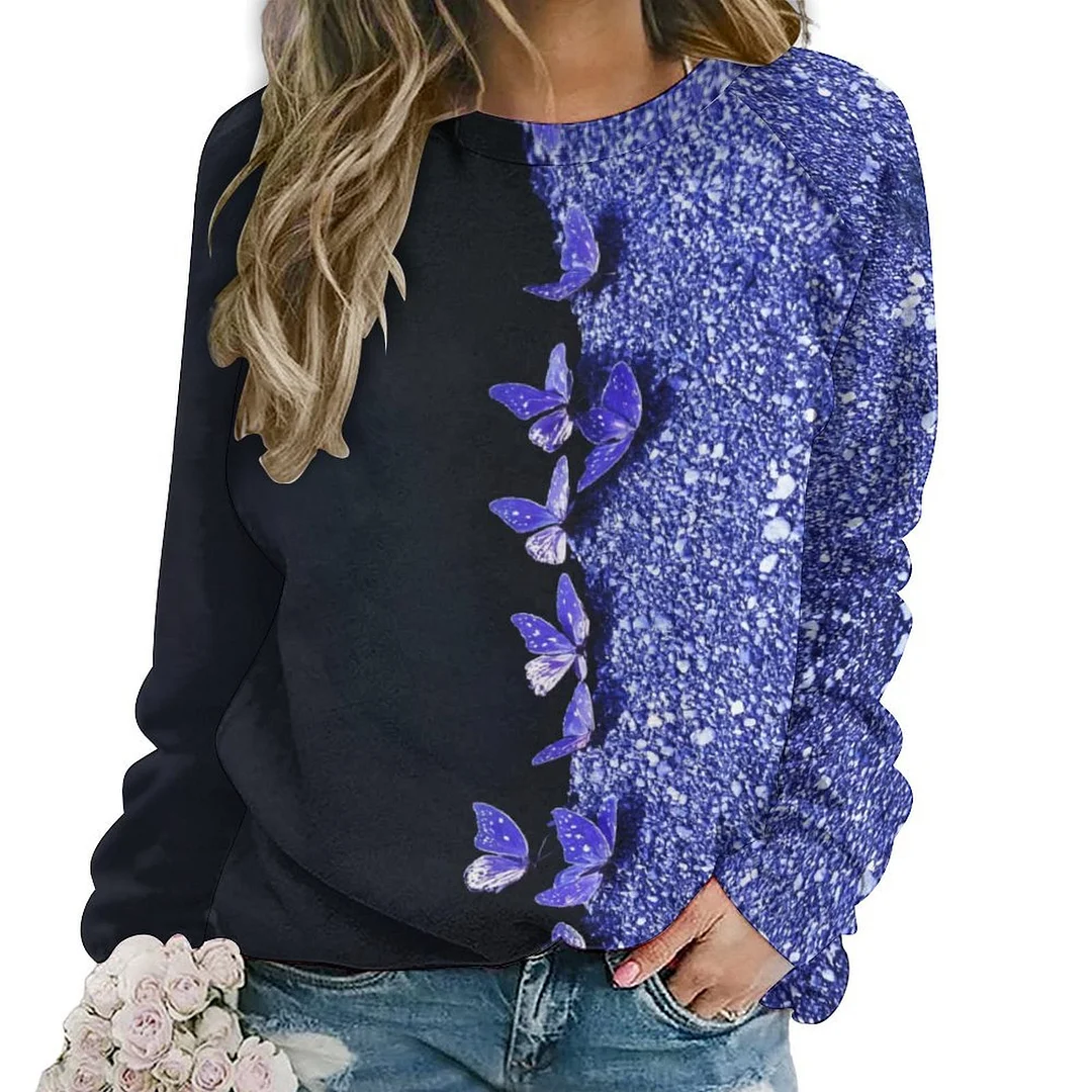 Printed Long Sleeve Casual Sweatshirt for  Women and Men Unisex Pattern Purple, Butterfly, Glitter