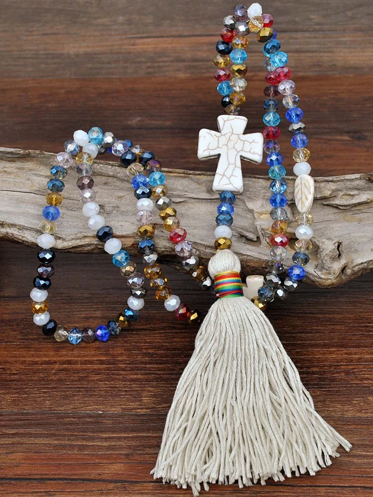Bohemian Color Crystal Crucifix Tassel Beaded Necklaces