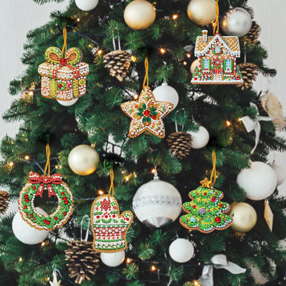 6pcs Xmas Cookies 2D Flat DIY Diamond Painting Art Pendant Wall Door Decoration