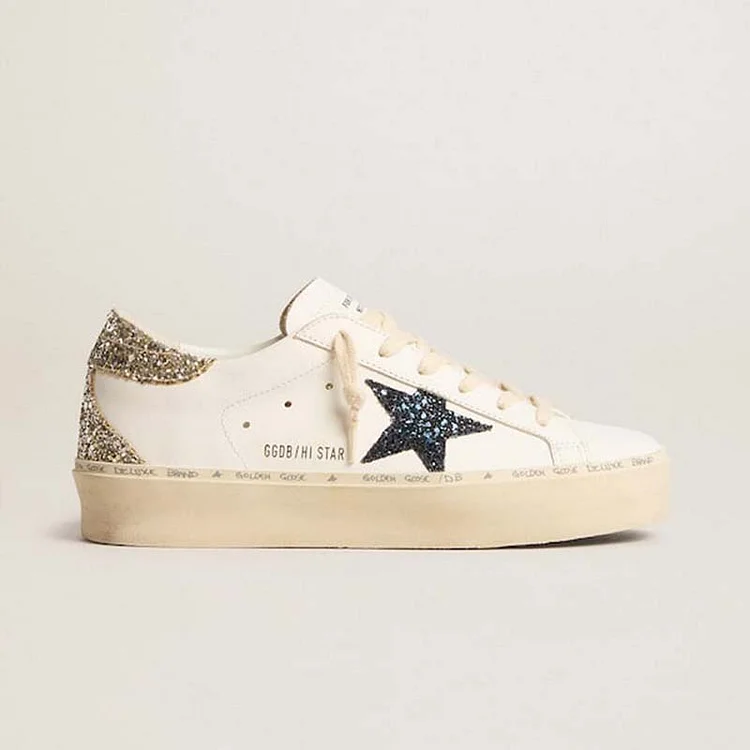Golden Goose Hi Star Mujer con estrella de brillo azul y refuerzo del talón de brillo platino