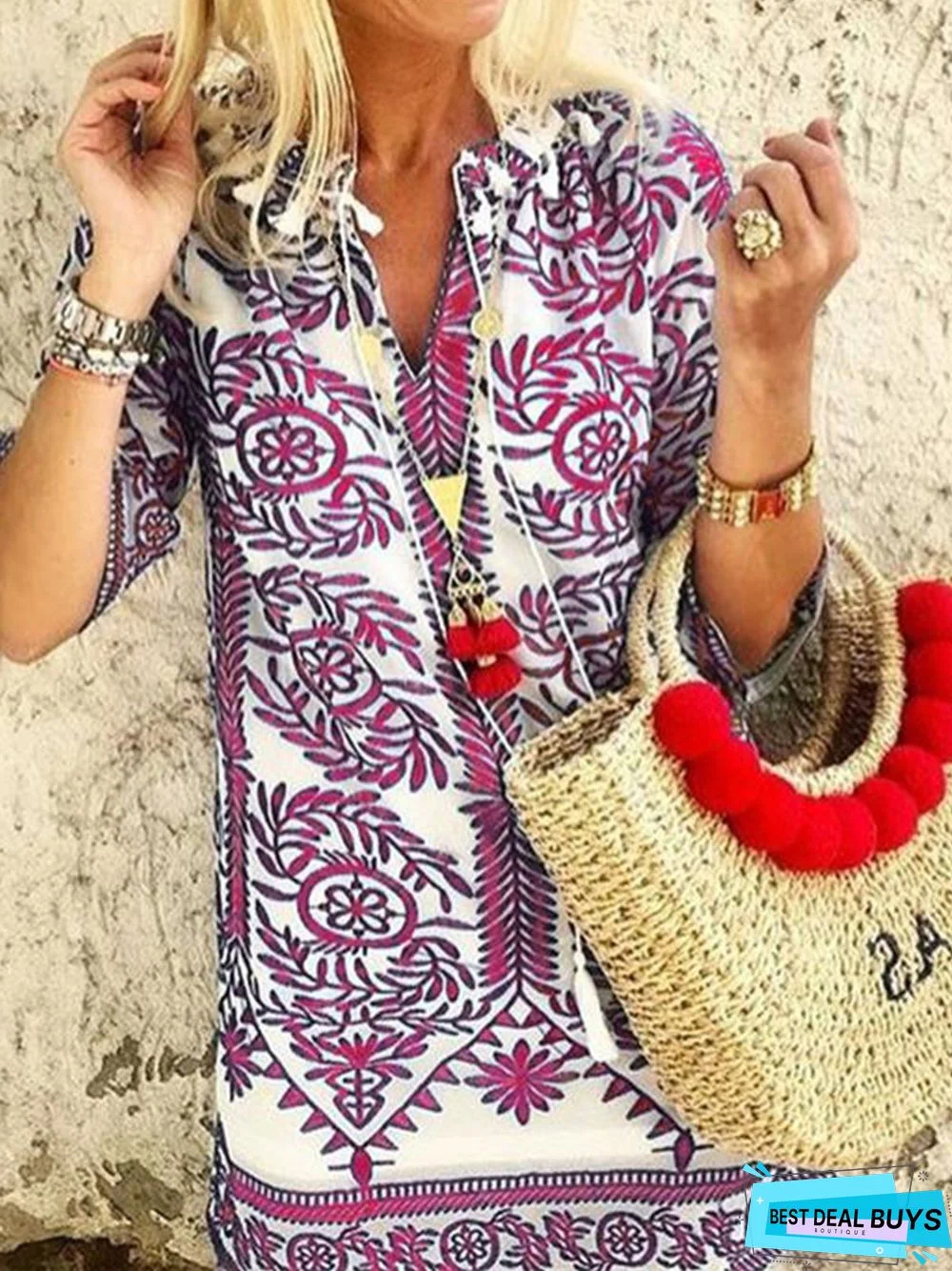Half Sleeve Boho Vintage Casual Shift Weaving Tunic Dress