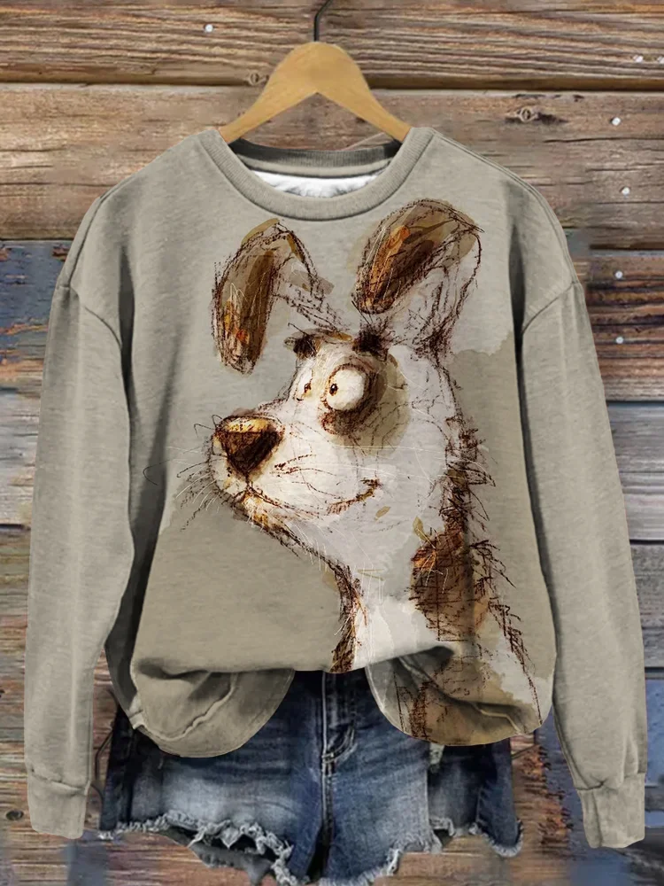 Comstylish Cute Dog Art Pattern Print Crew Neck Comfy Sweatshirt