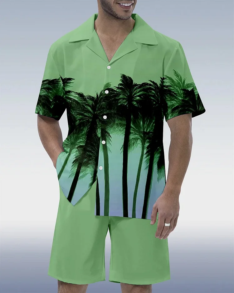 Men's Casual Vacation Hawaiian Coconut Tree Print Short Sleeve Shirt Set at Hiphopee