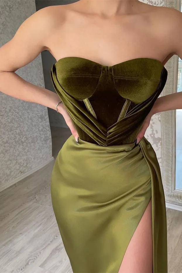 Mermaid Strapless Pleated Velvet Olive Maxi Evening Dress For Women
