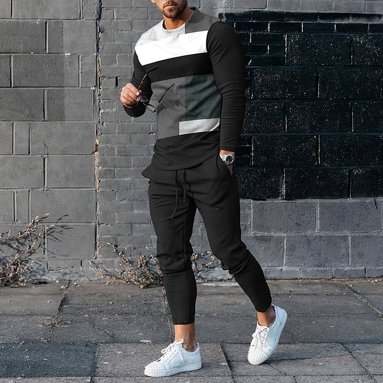 BrosWear Men's Splicing Casual Long Sleeve T-Shirt And Pants Co-Ord