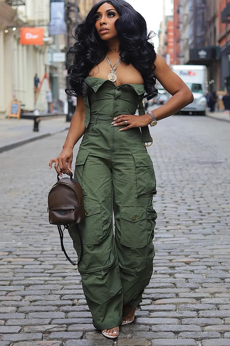 Casual Strapless Button Down Cargo Pocket Wide Leg Jumpsuit-Green [Pre Order]
