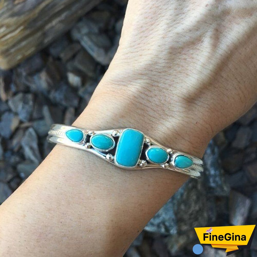 Women Vintage Jewelry 925 Soild Sterling Silver Natural Gemstone Turquoise Bracelet Adjustable Wedding Engagement Jewelry