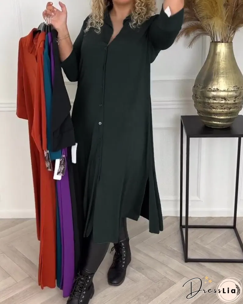 Buttoned solid color shirt dress