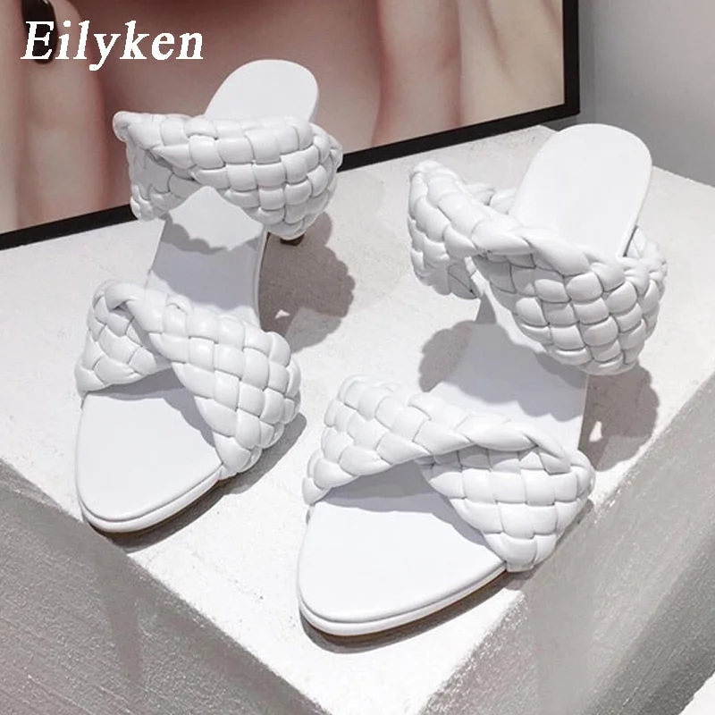 Eilyken Fashion Woman Handmade Weave Knitted Slippers Lady Crossover Open Toe Thin Heels Party Sandals White Black Blue size 42