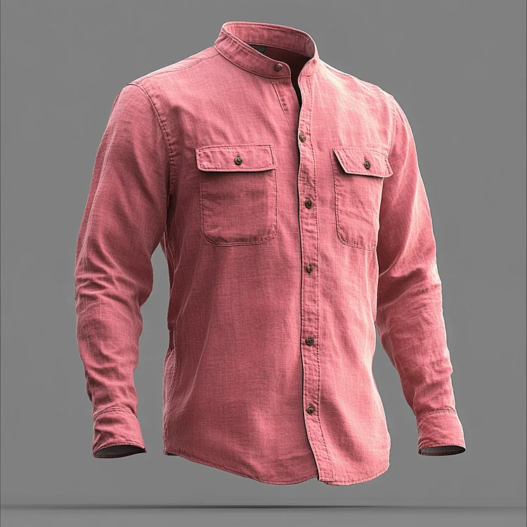 Okaywear Stand Collar Button Long Sleeve Flap Pocket Washed Shirt 
