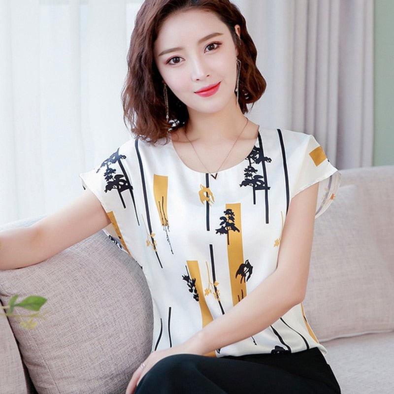 2022 summer Women chiffon shirt and tops fashion casual O-neck printing pattern Leisure Lady shirts Loose office lady 3741 50