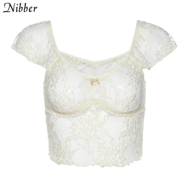 Nibber summer lace short sleeve crop tops women elegant club night sexy T-shirts ladies fashion casual street Elegant tees mujer