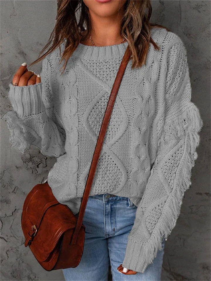 Loose-fitting Turtleneck Fringe Solid Color Pullover Knit Sweater for Women | EGEMISS