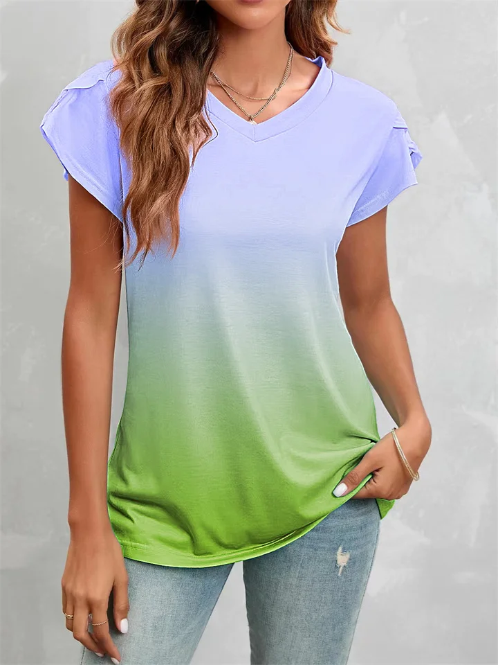 New Summer Tie-dye Set Head V-neck Loose Type Women's Short-sleeved Women's Petal Sleeve Fresh Sweet Style T-shirt