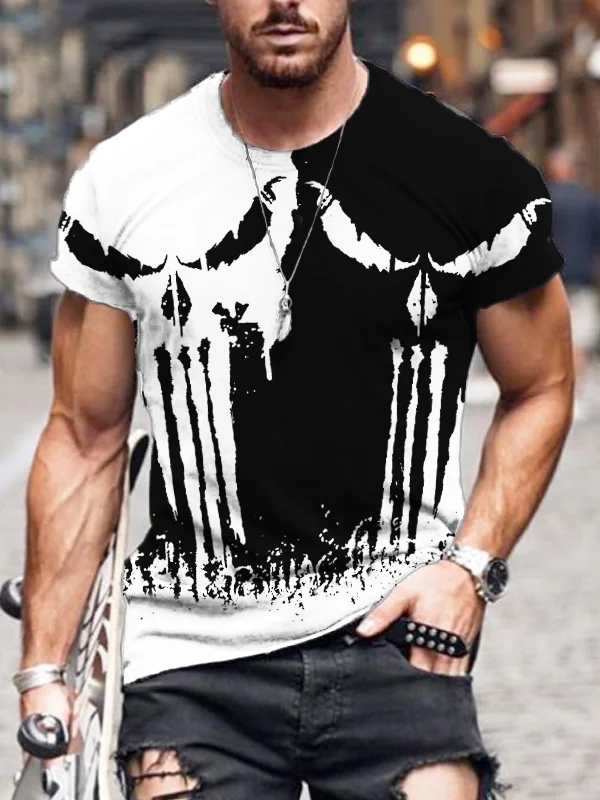 BrosWear Men's Skull Contrast Color Print Round Neck T Shirt