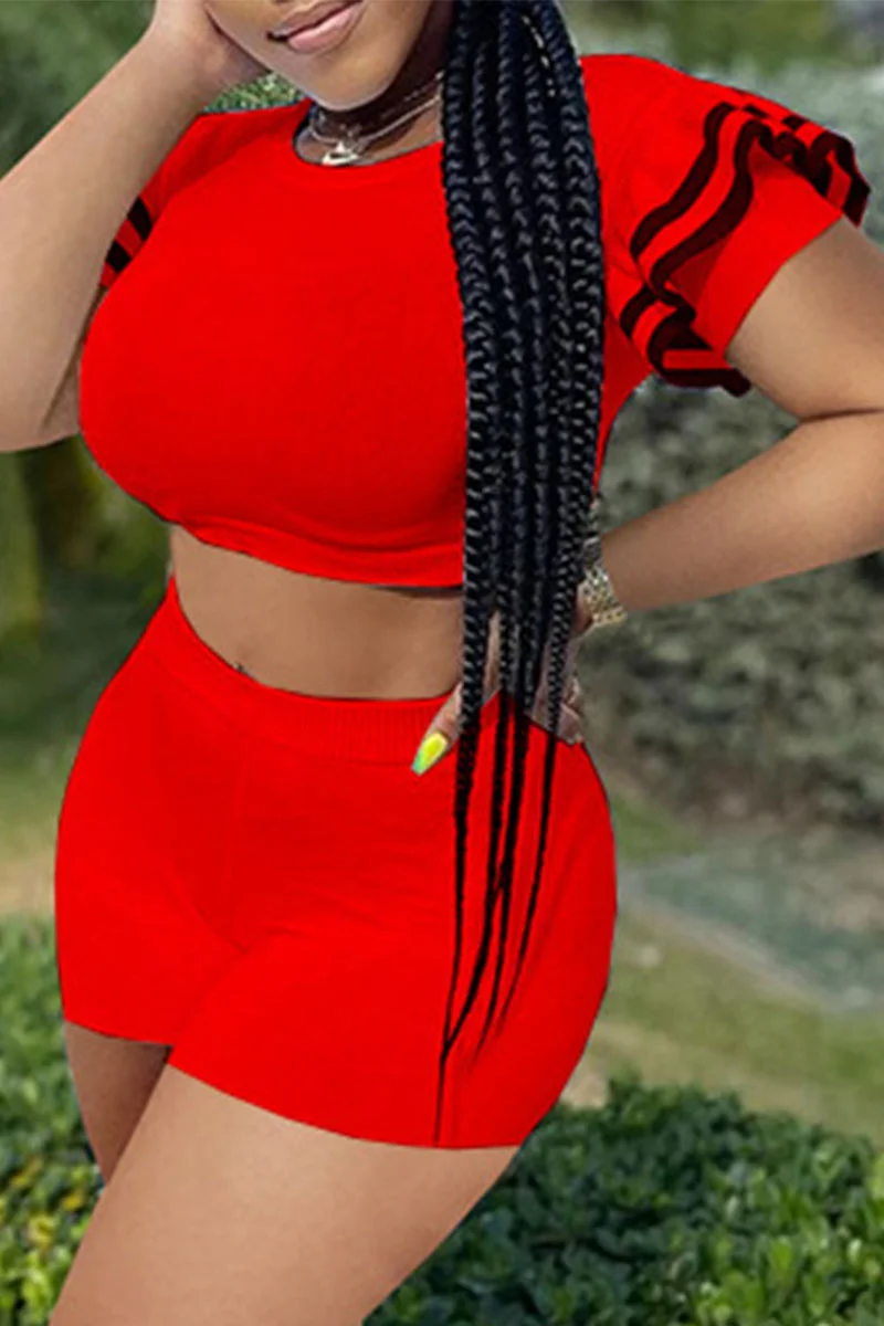Red Casual Solid Patchwork O Neck Short Sleeve Two Pieces | EGEMISS
