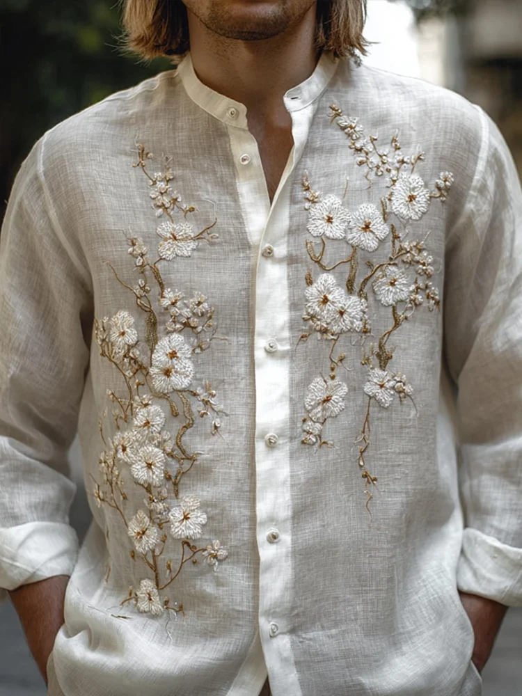 Men's Elegant White Plum Blossom Embroidery Vintage Long-sleeved Shirt