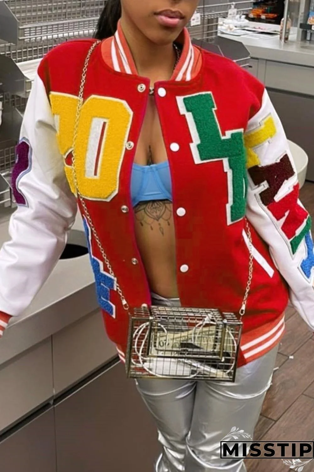 Blue Casual Letter Patchwork Contrast Turn-back Collar Outerwear