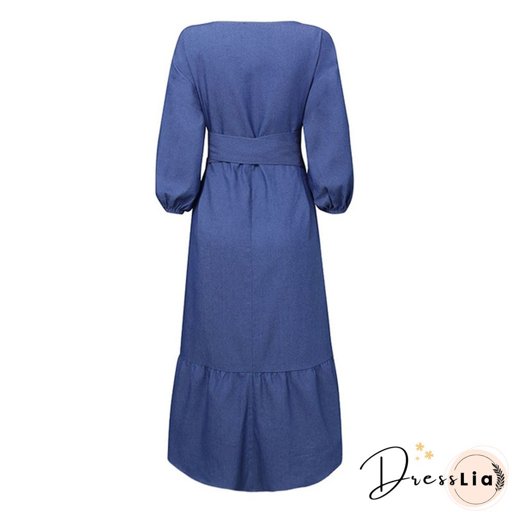 Women's Fashion Puff Sleeve Deep V Neck Tunic Denim Ruffled Dress Irregular Hem Elegant Party Long Dresses Vestidos S-5XL