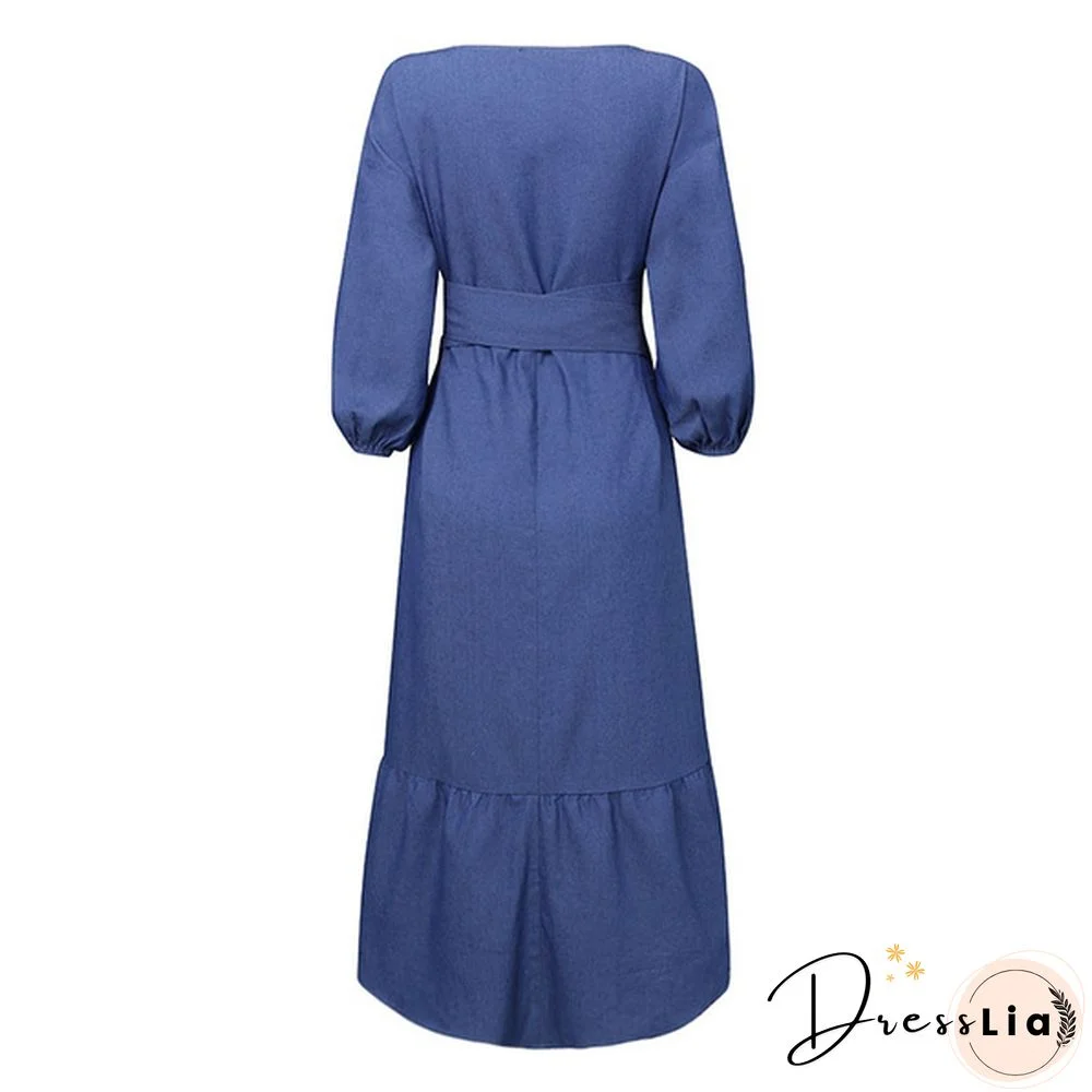 Women's Fashion Puff Sleeve Deep V Neck Tunic Denim Ruffled Dress Irregular Hem Elegant Party Long Dresses Vestidos S-5XL