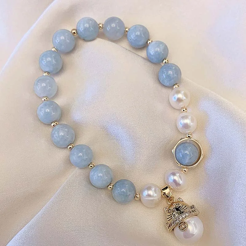 Aquamarine Pearl Peace Healing Lucky Cat Charm Bracelet