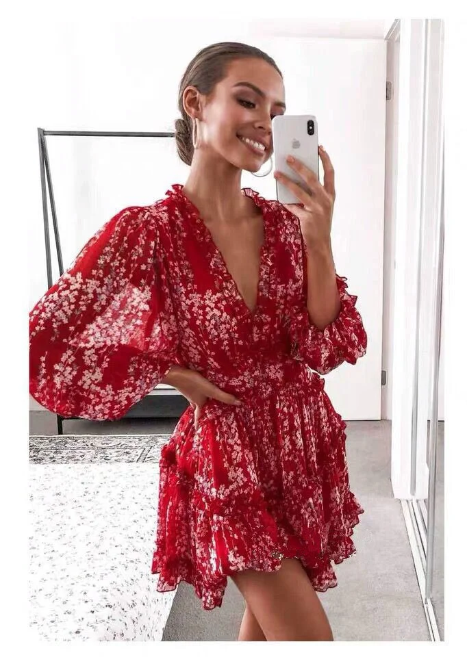 Floral Print Elegant Dress Women 2021 Summer Bohemian Deep V Neck Backless Sexy Dresses Women's Ruffles Long Sleeve Cake Dress