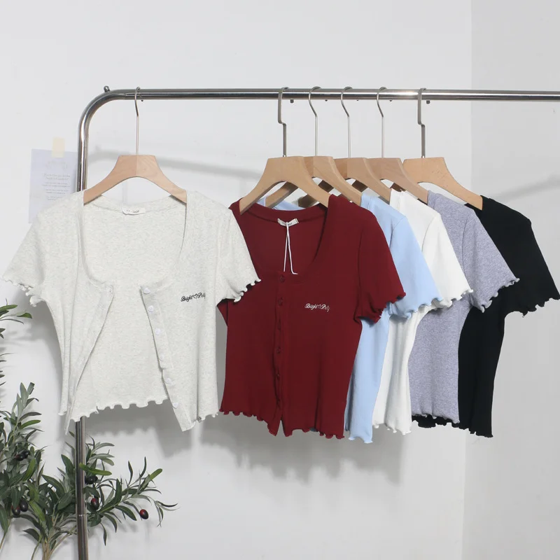 Uveng Relaxing Wood Ear Embroidery Short Small Cardigan Bottom Shirt T-Shirt T-Shirt Umbilly T-Shirt 89325