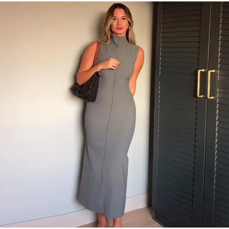 Ootddress Sleeveless Split Patchwork Long Dress Female Straight Solid Slim High Waist Zipper Maxi Dress Autumn 2025 Turtleneck Dress