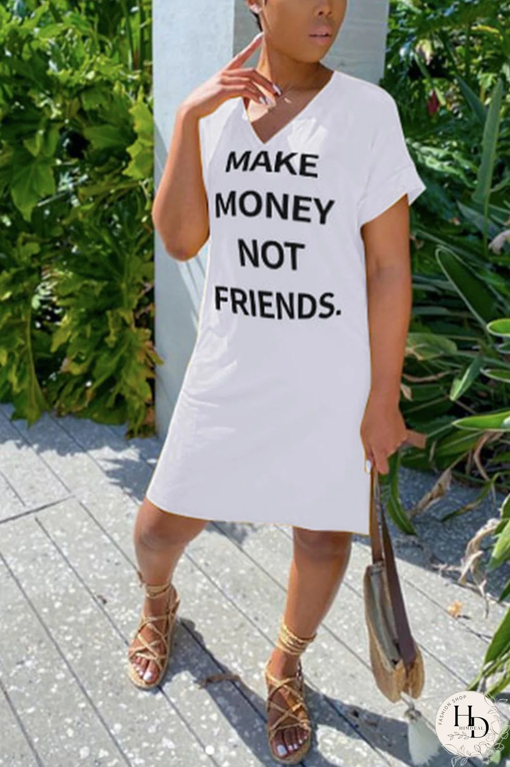 White Fashion Casual White Black Sleeve Short Sleeves V Neck Straight Knee-Length Print Dresses