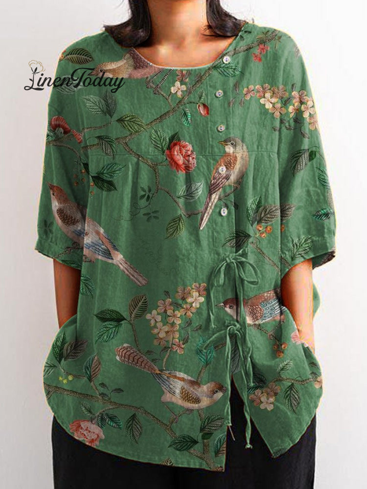Women’s Vintage Lovely Birds Floral Art Print Casual Cotton And Linen Shirt Multicolor / S