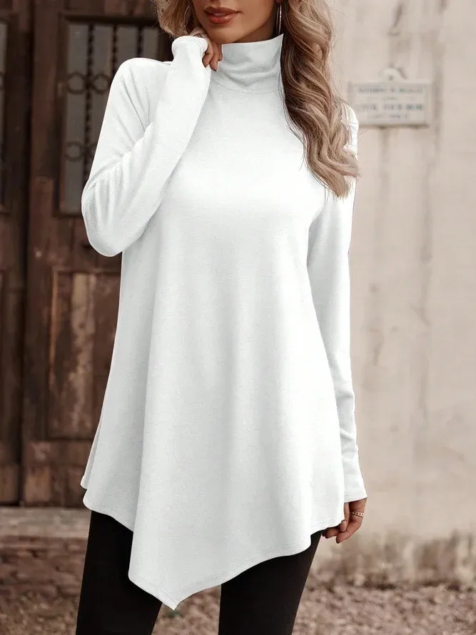 Women's Tops Casual High Neck Loose Large Size Solid Color T-Shirts