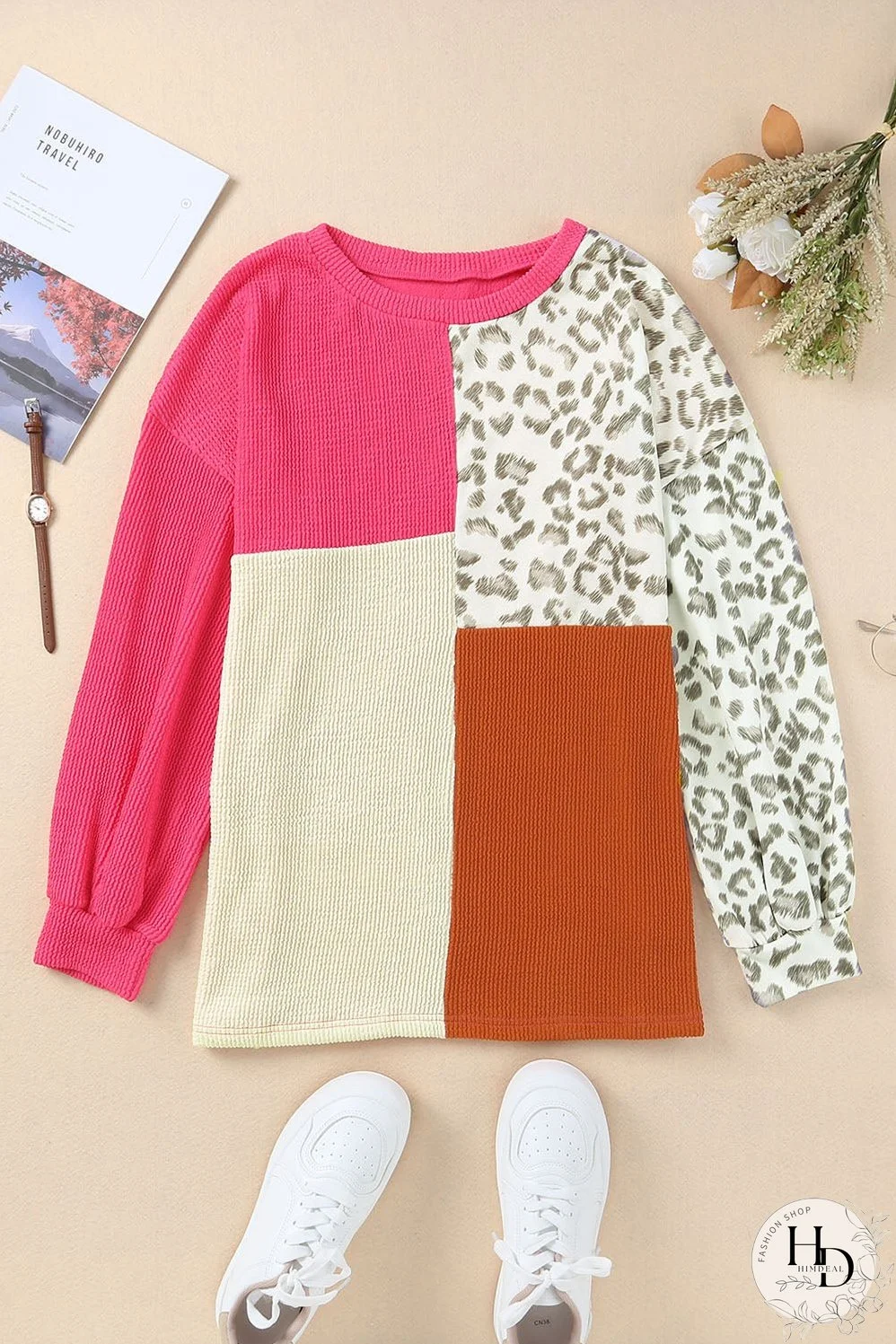 Pink Leopard Patchwork Color Block Ribbed Top