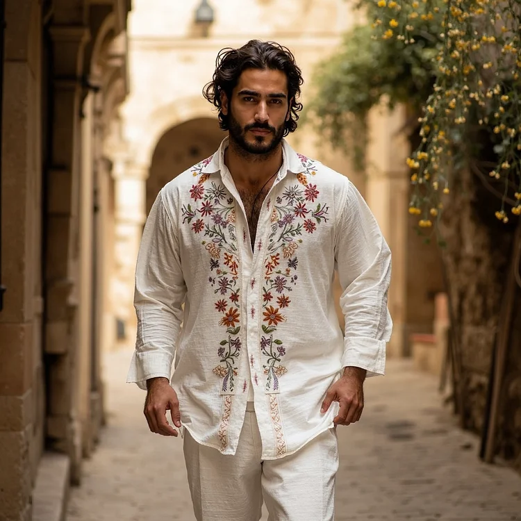 Men's Floral Embroidered Linen Casual Long Sleeve Shirt