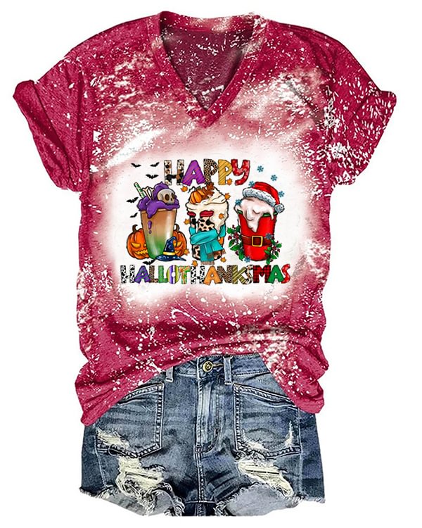 Happy Hallo Thanks Mas Coffee V Neck Tie Dye T-Shirt