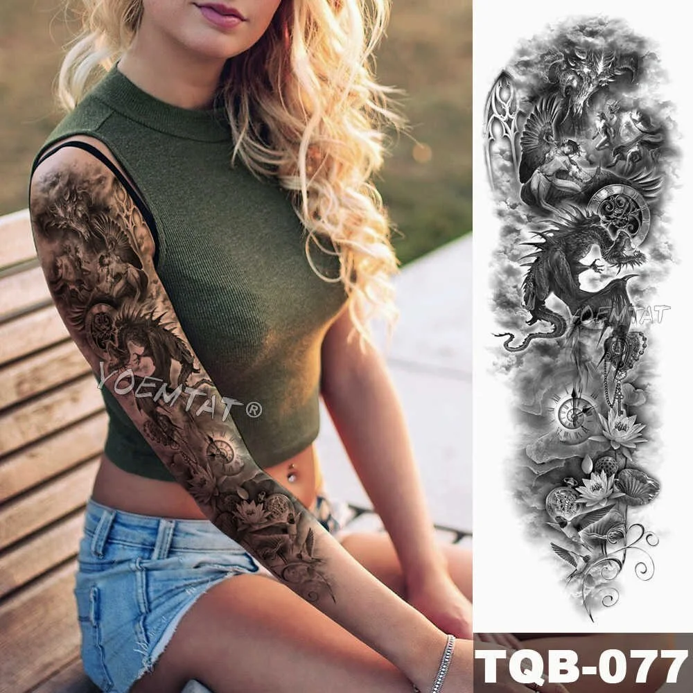 Large Arm Sleeve Tattoo Sketch Lion Tiger Waterproof Temporary Tatoo Sticker Wild Fierce Animal Men Full Bird Totem Tatto