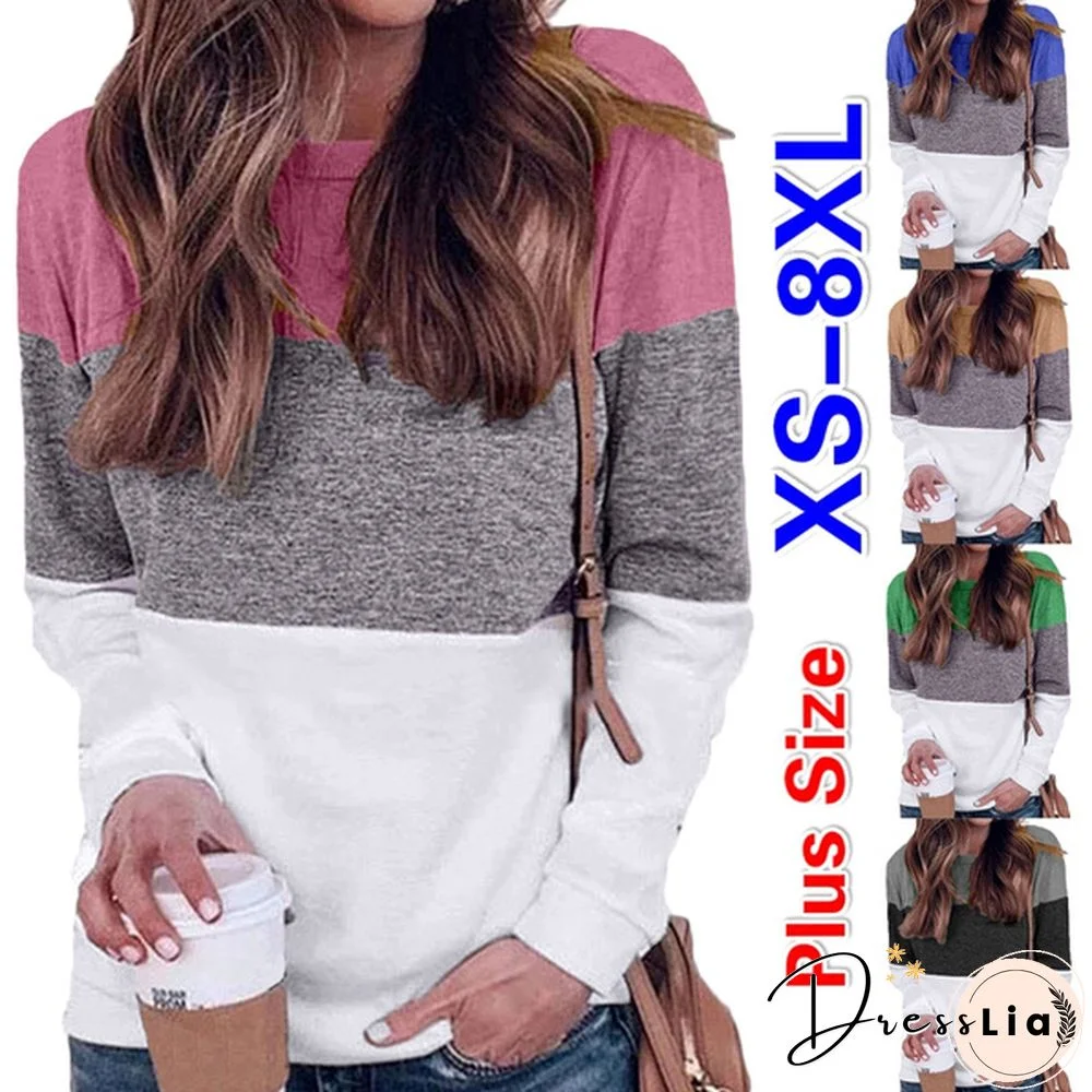 XS-8XL Autumn and Winter Tops Women's Fashion Clothes Block Color Loose Blouses Ladies Casual Long Sleeve Shirts Cotton Pullover Sweatshirts Plus Size O-neck T-shirt
