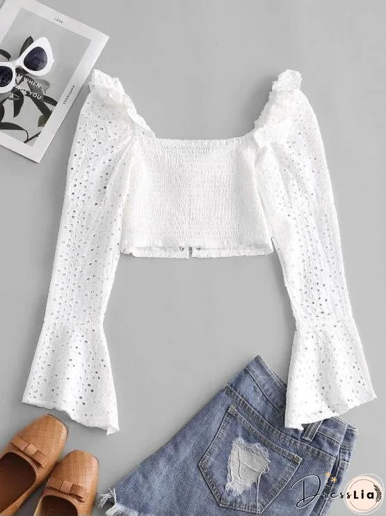 Broderie Anglaise Lace Up Ruffle Milkmaid Crop Blouse for Women