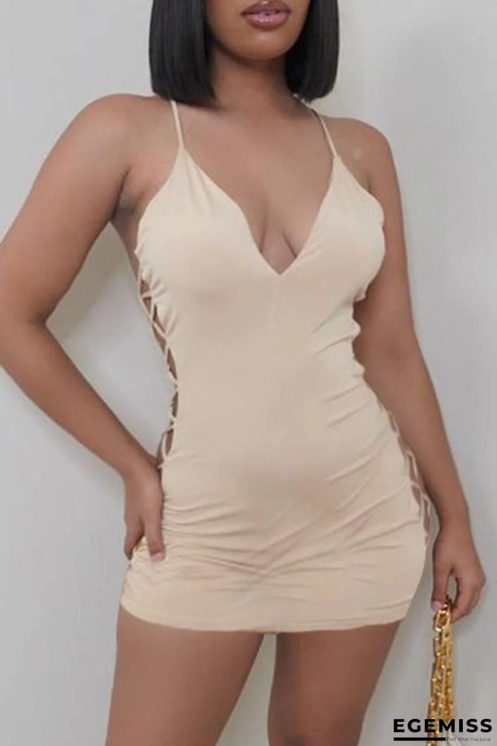 Khaki Fashion Sexy Solid Hollowed Out Backless V Neck Sling Dress | EGEMISS