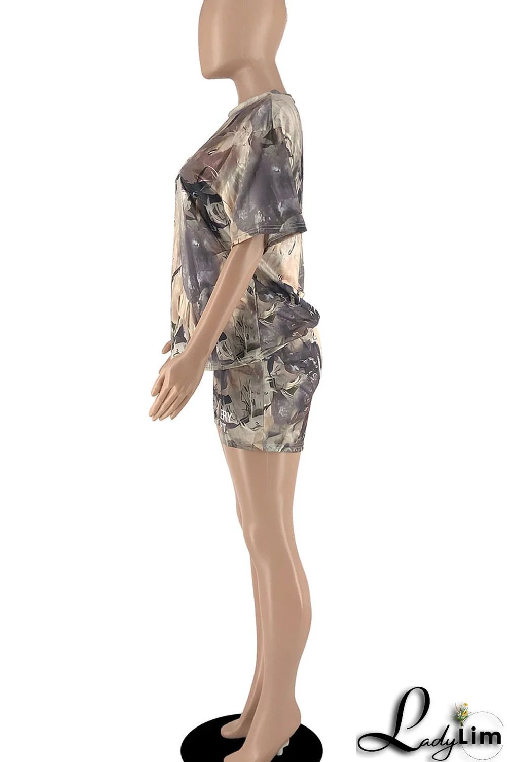 Army Green Casual Print Patchwork O Neck Short Sleeve Two Pieces